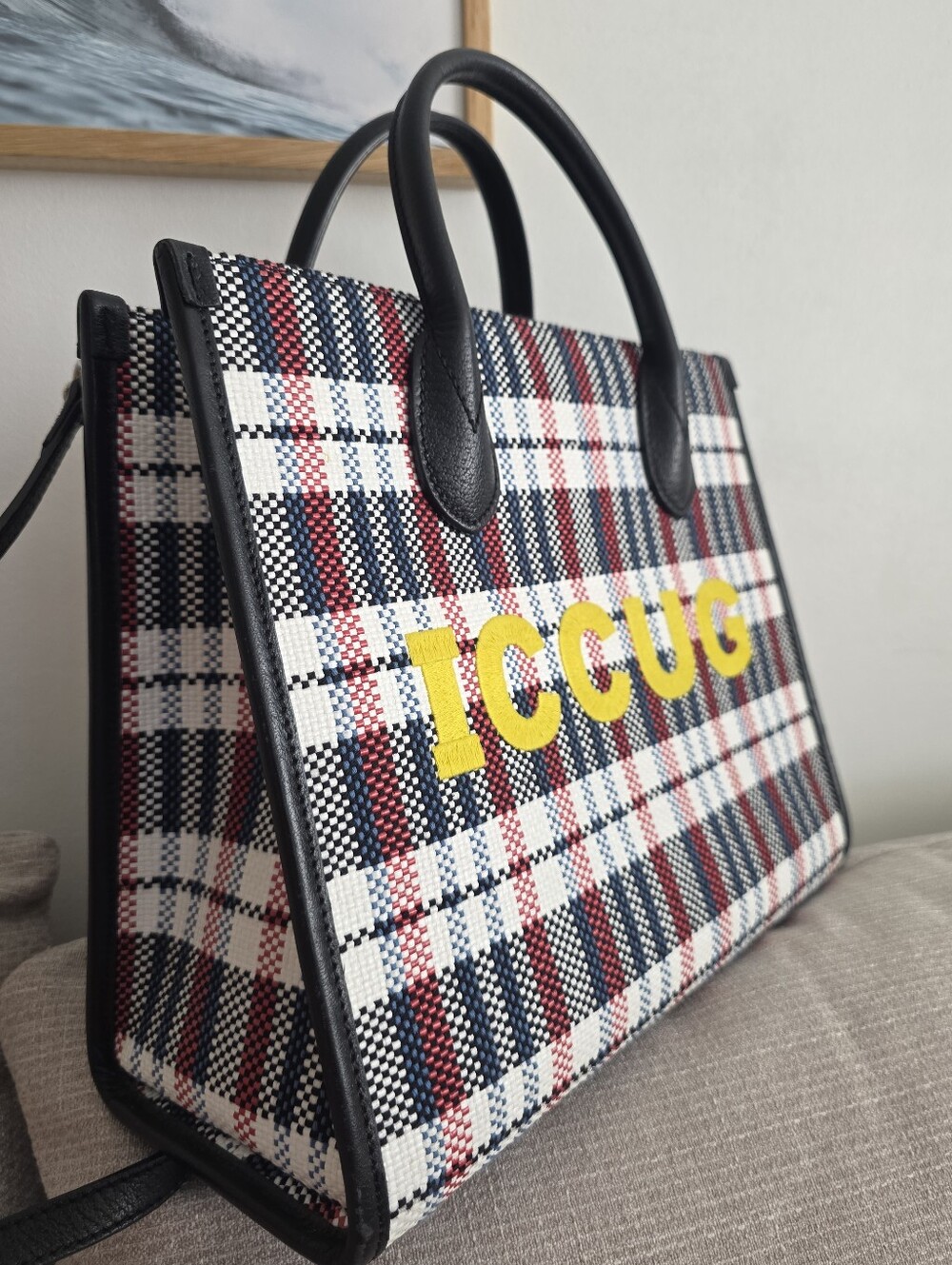 Gucci Multicolor Check "ICCUG" Logo Raffia Tote Bag - Picture 8 of 16